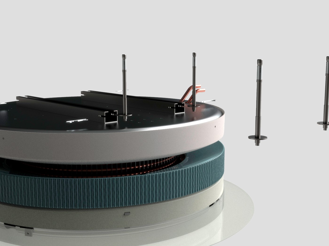 Circular ceiling-mounted air conditioning unit in white and blue